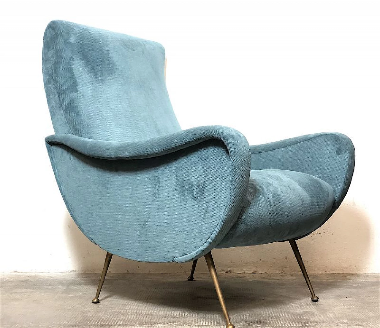 Brass and blue velvet Lady armchair by Marco Zanuso, 1950s 2