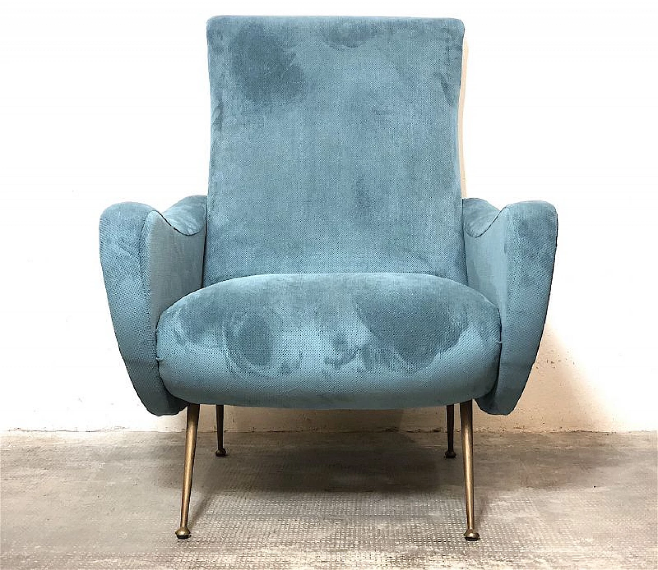 Brass and blue velvet Lady armchair by Marco Zanuso, 1950s 3