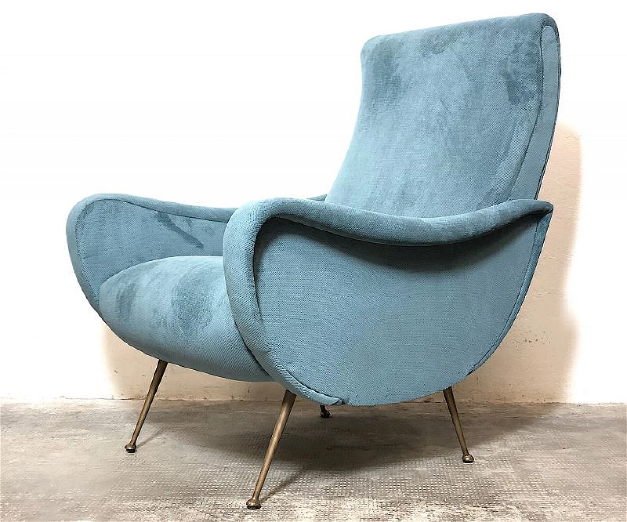 Brass and blue velvet Lady armchair by Marco Zanuso, 1950s 4
