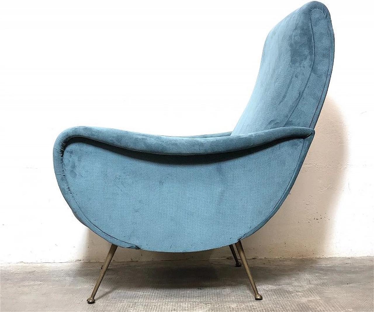 Brass and blue velvet Lady armchair by Marco Zanuso, 1950s 6