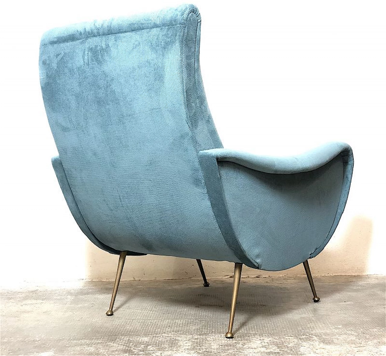 Brass and blue velvet Lady armchair by Marco Zanuso, 1950s 10