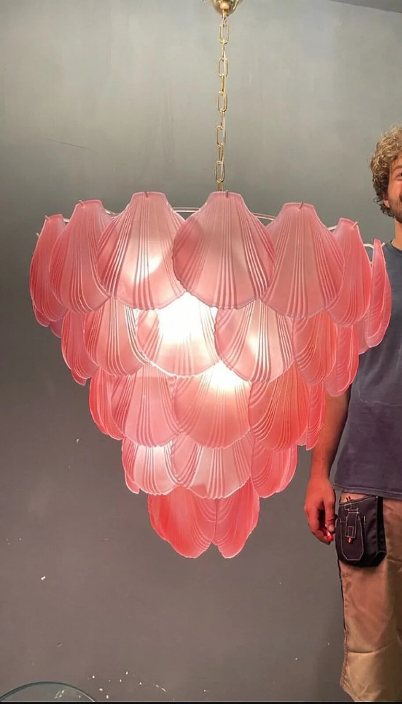 Pink frosted glass shell chandelier, 1980s 12