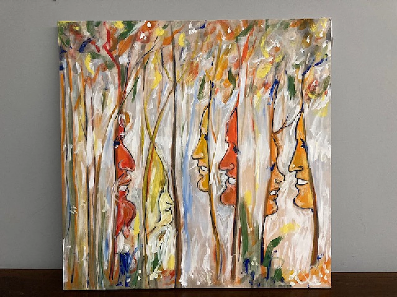 Celaia, volti e alberi, dipinto a smalti policromi su tela, 1980 1