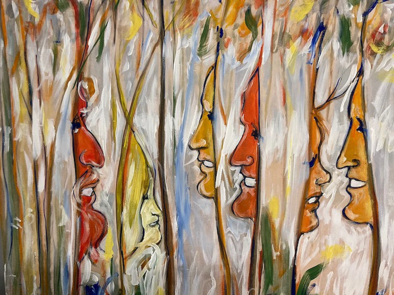 Celaia, volti e alberi, dipinto a smalti policromi su tela, 1980 3
