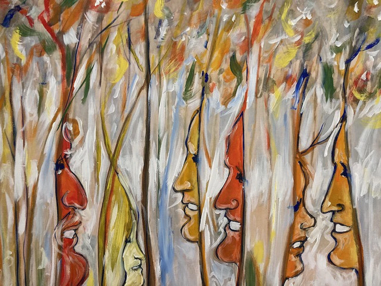 Celaia, volti e alberi, dipinto a smalti policromi su tela, 1980 6