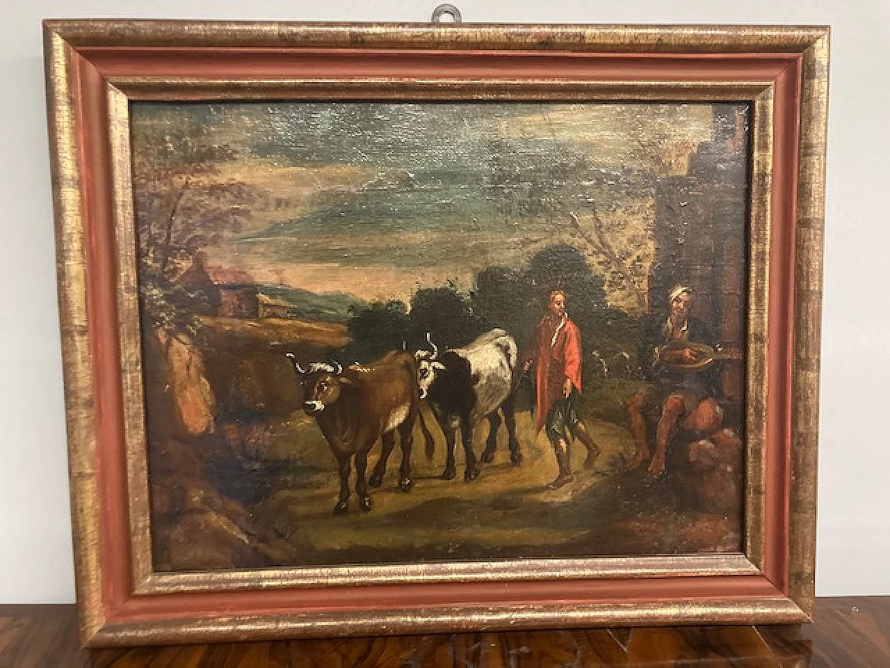 Landscape with oxen and peasants, oil painting on canvas, 17th century 1