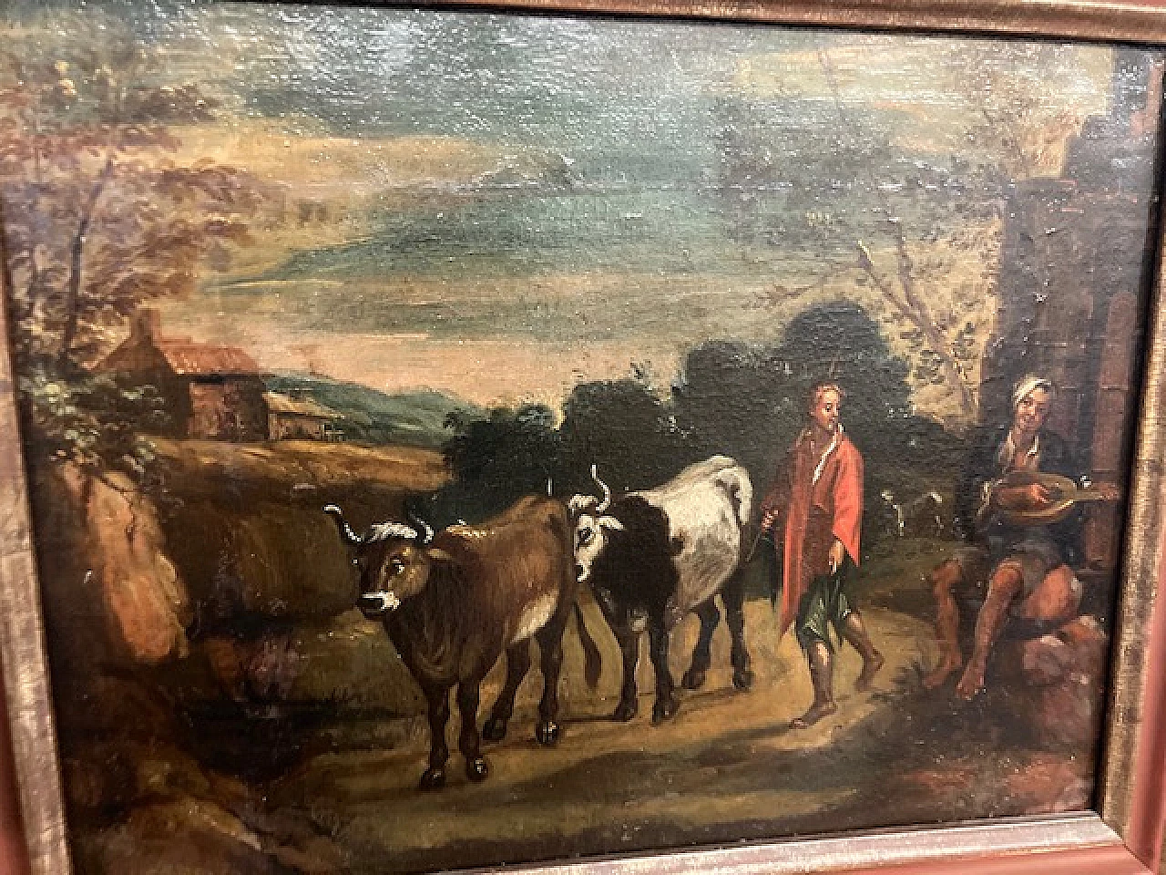 Paesaggio con buoi e contadini, dipinto a olio su tela, '600 2