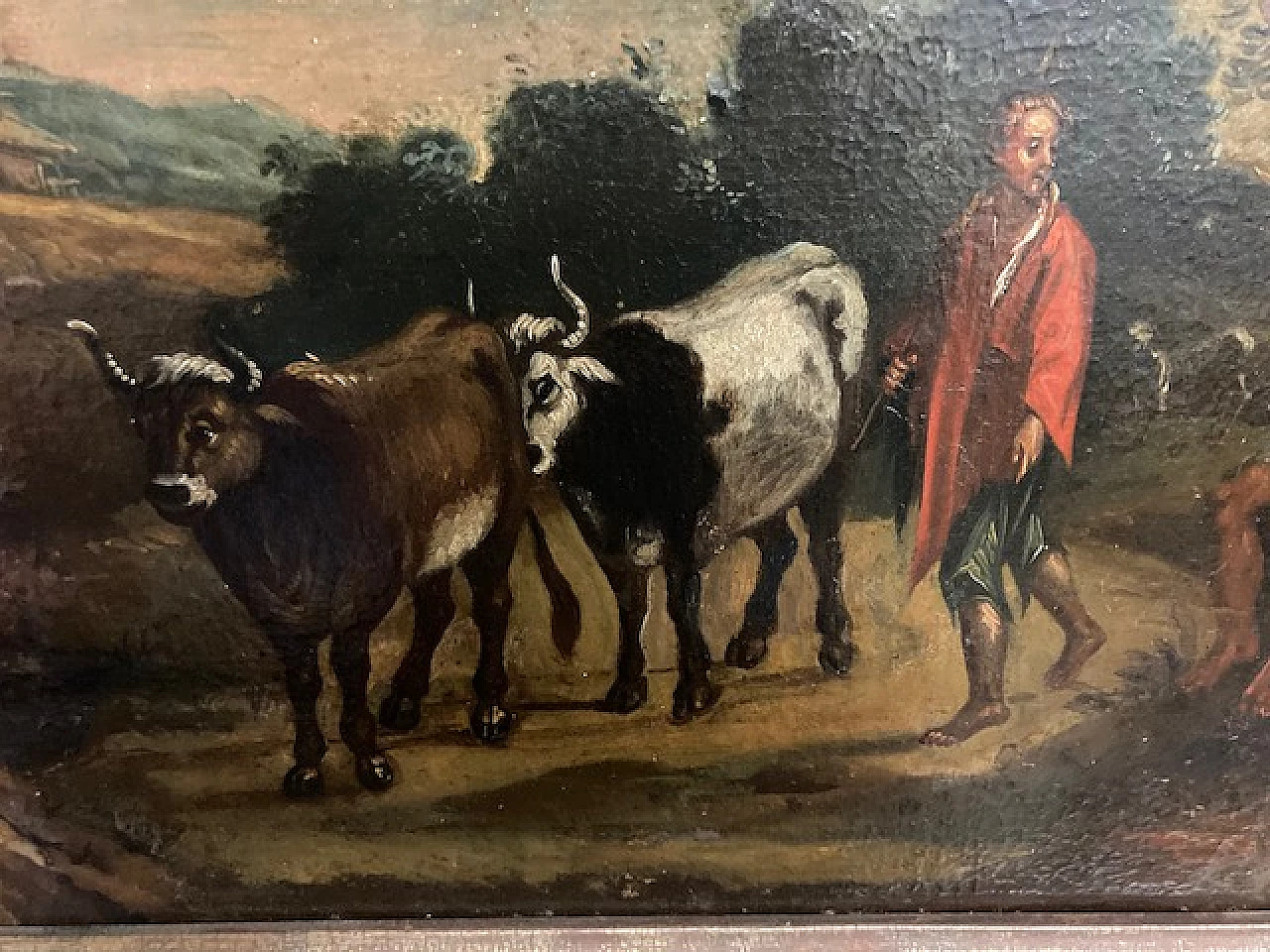 Paesaggio con buoi e contadini, dipinto a olio su tela, '600 5