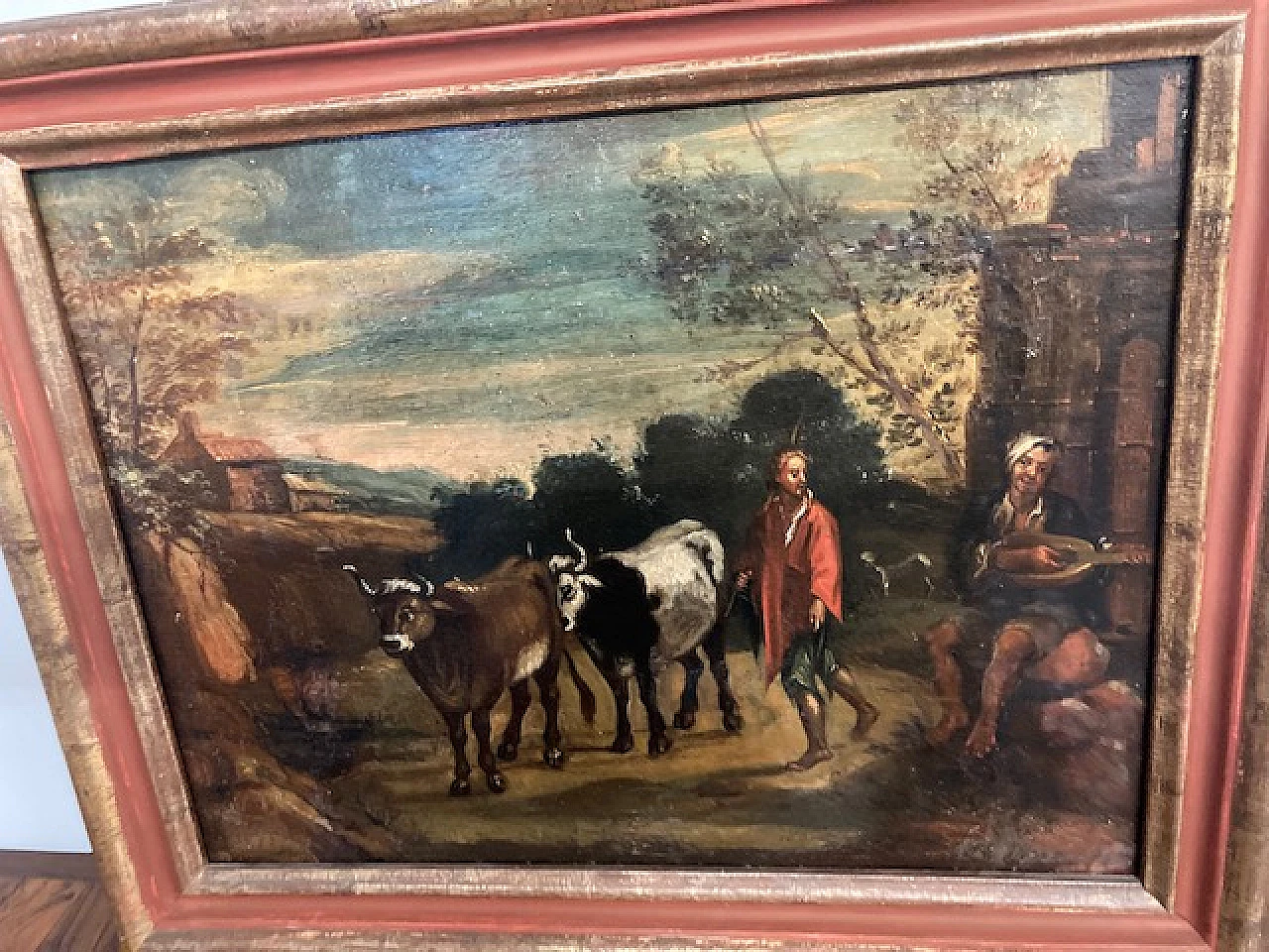 Paesaggio con buoi e contadini, dipinto a olio su tela, '600 6