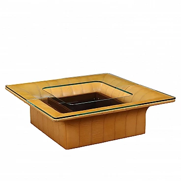Coffee table in lacquered wood, glass top and leather, 1970s