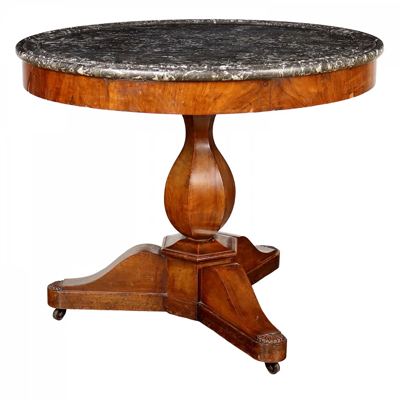 Rounded table in walnut with marble top and wheels, 19th century 1