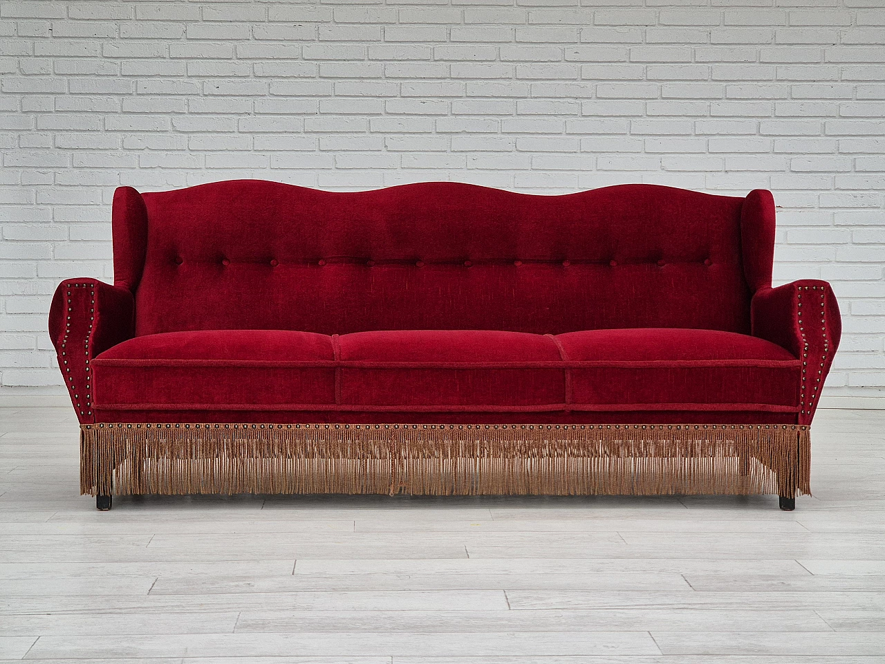 Danish oak and red velvet sofa with tassels, 1960s 1