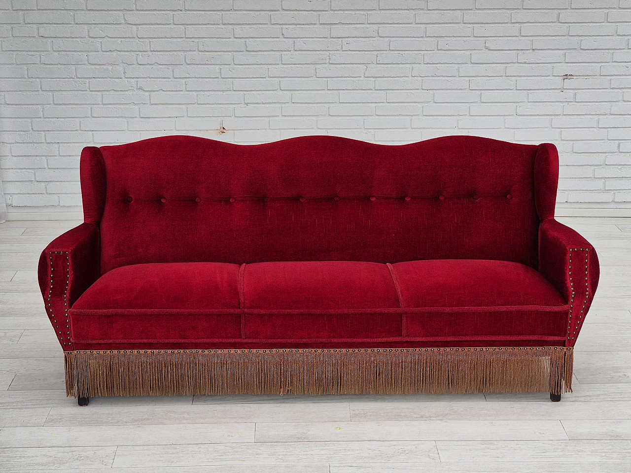 Danish oak and red velvet sofa with tassels, 1960s 2
