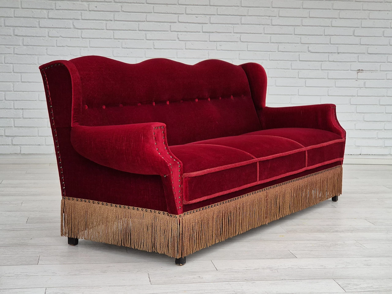 Danish oak and red velvet sofa with tassels, 1960s 3
