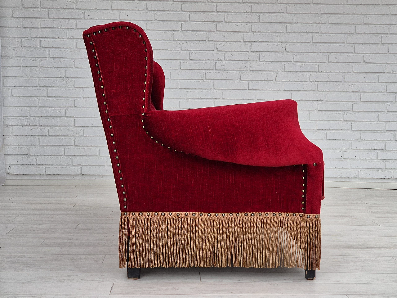 Danish oak and red velvet sofa with tassels, 1960s 4