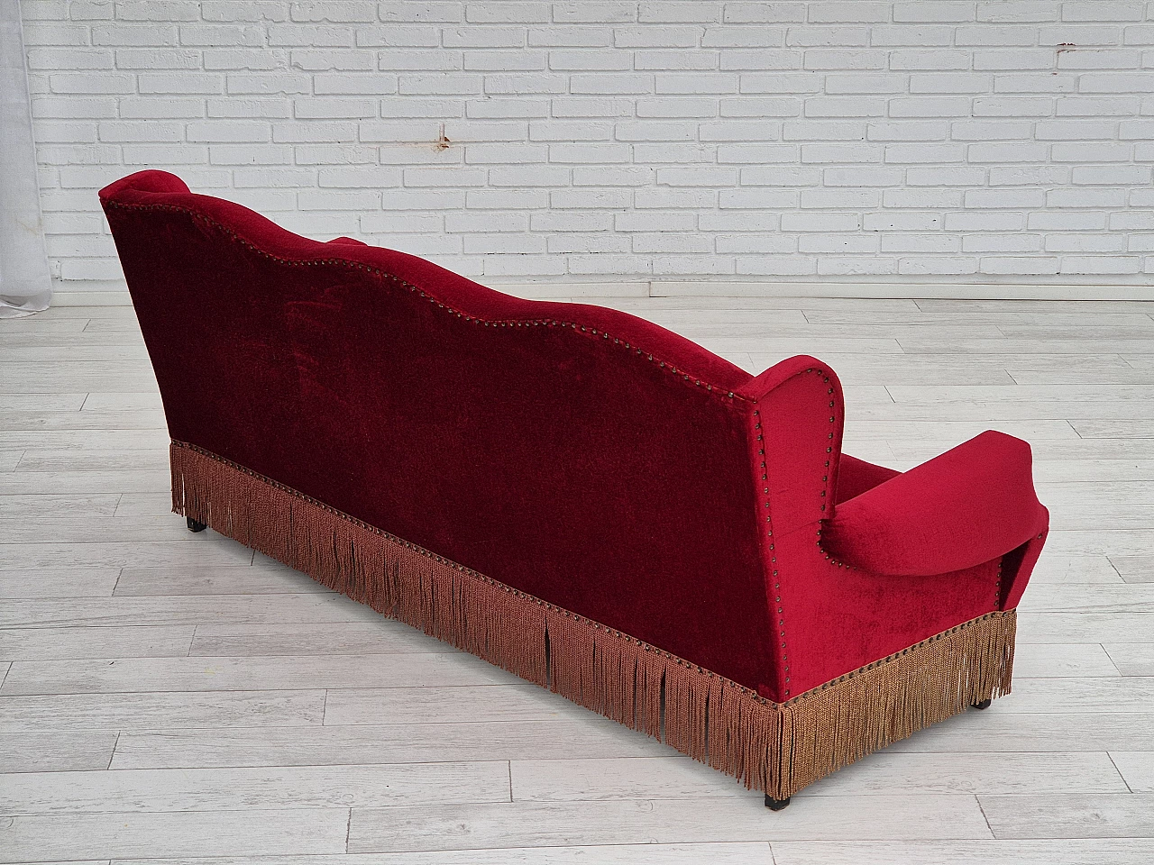 Danish oak and red velvet sofa with tassels, 1960s 5