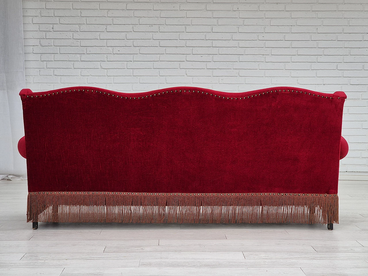 Danish oak and red velvet sofa with tassels, 1960s 6