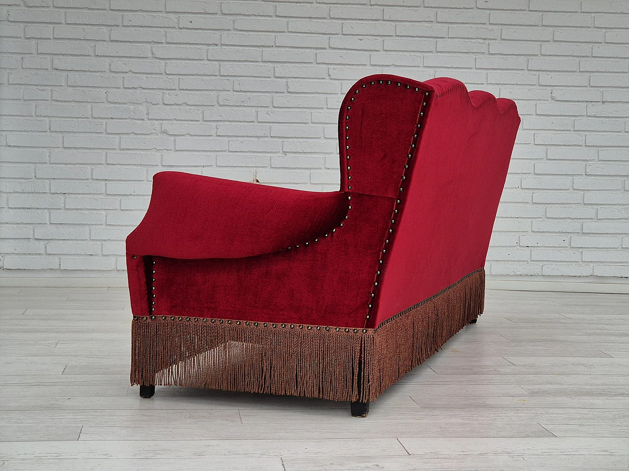 Danish oak and red velvet sofa with tassels, 1960s 7