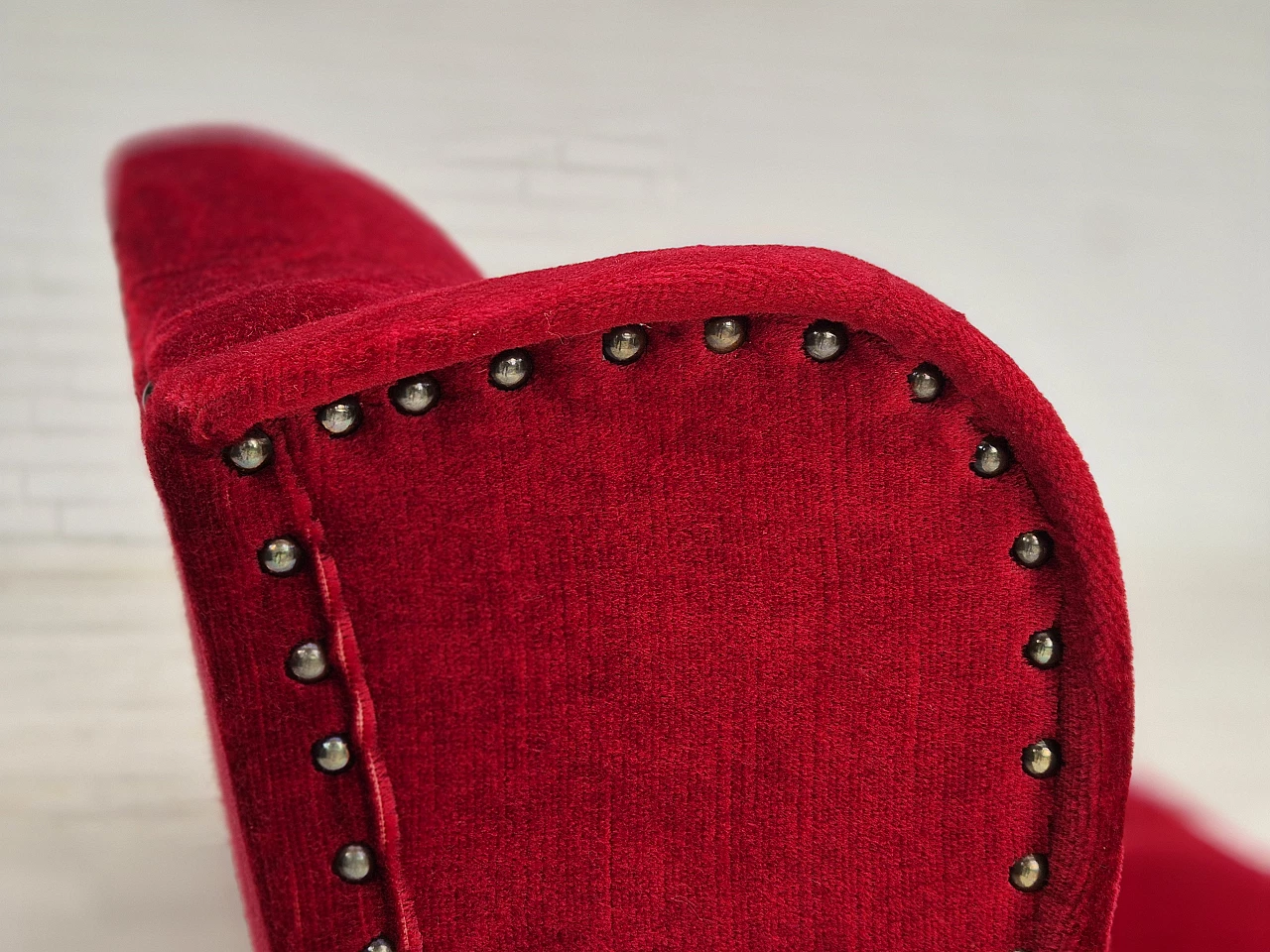 Danish oak and red velvet sofa with tassels, 1960s 8