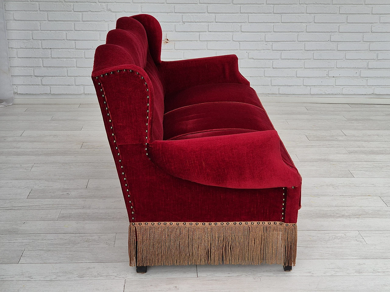 Danish oak and red velvet sofa with tassels, 1960s 9