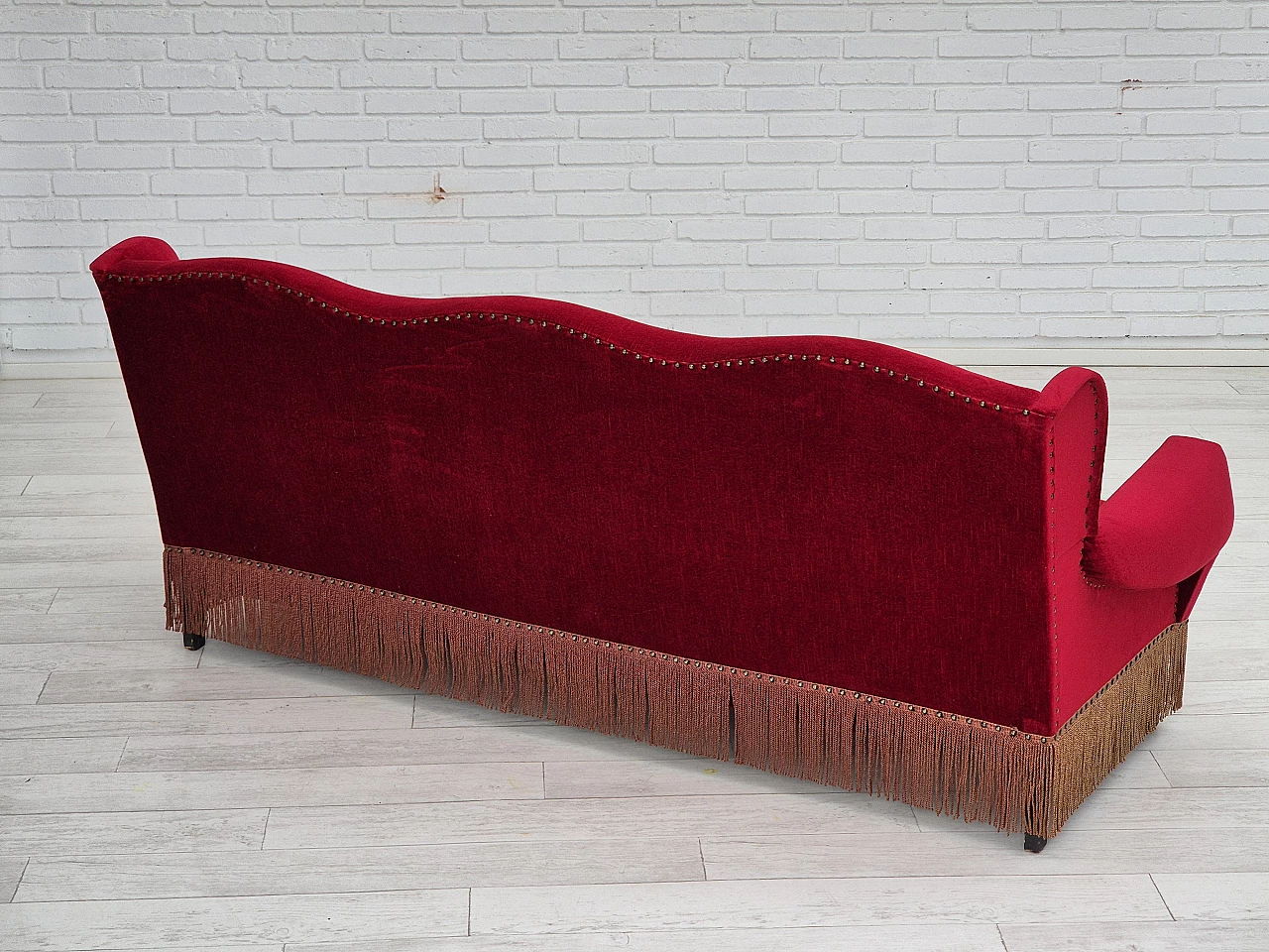 Danish oak and red velvet sofa with tassels, 1960s 10