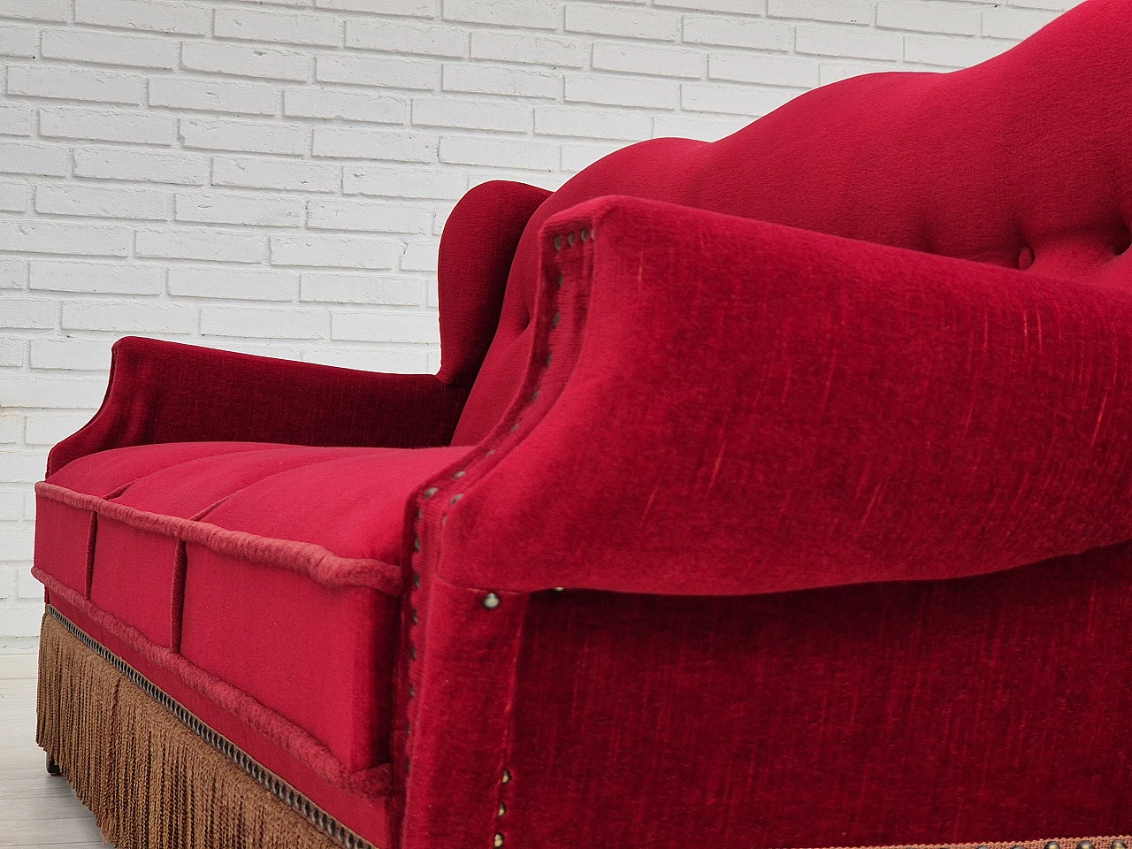 Danish oak and red velvet sofa with tassels, 1960s 12