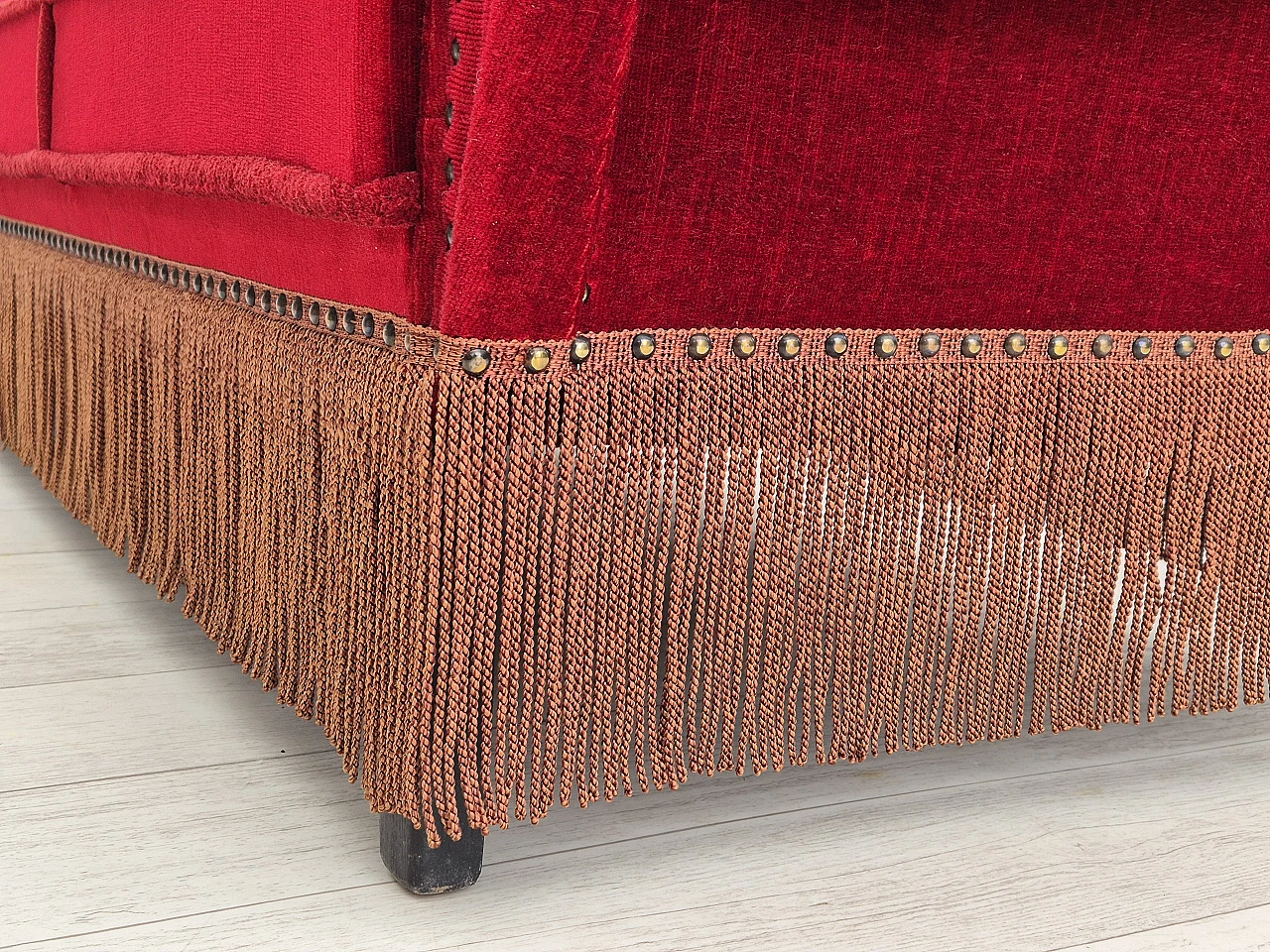 Danish oak and red velvet sofa with tassels, 1960s 13