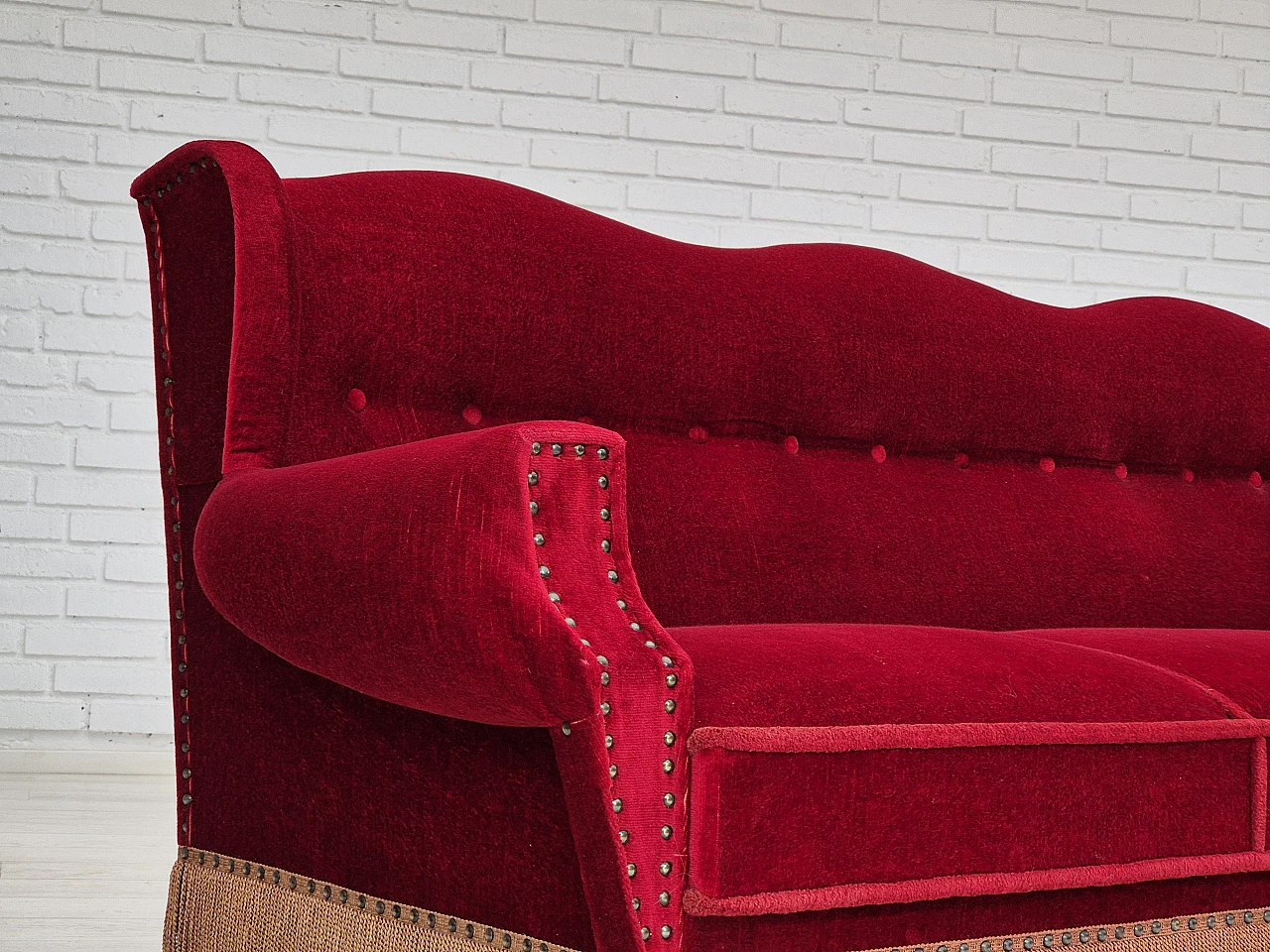 Danish oak and red velvet sofa with tassels, 1960s 14