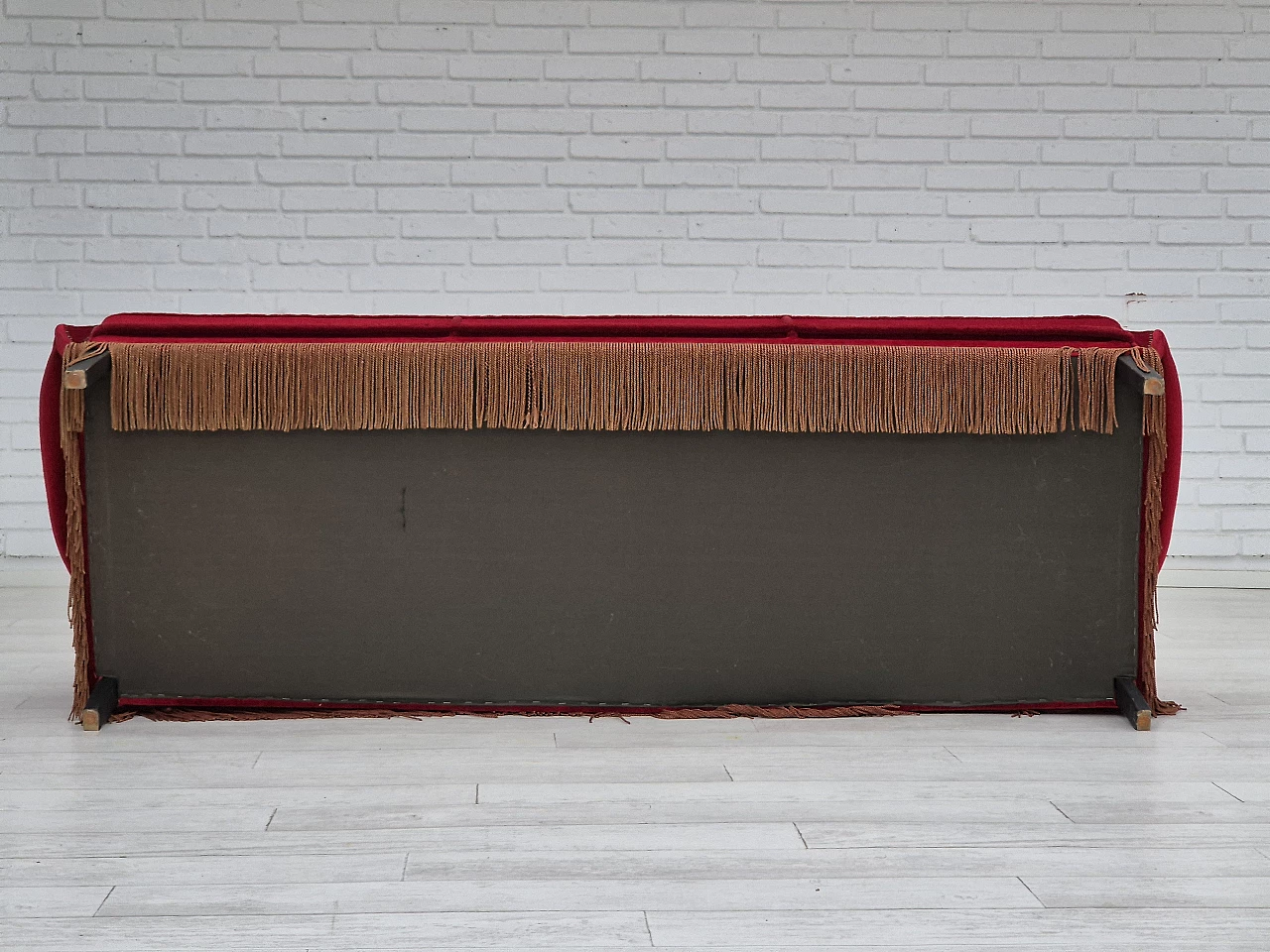 Danish oak and red velvet sofa with tassels, 1960s 15