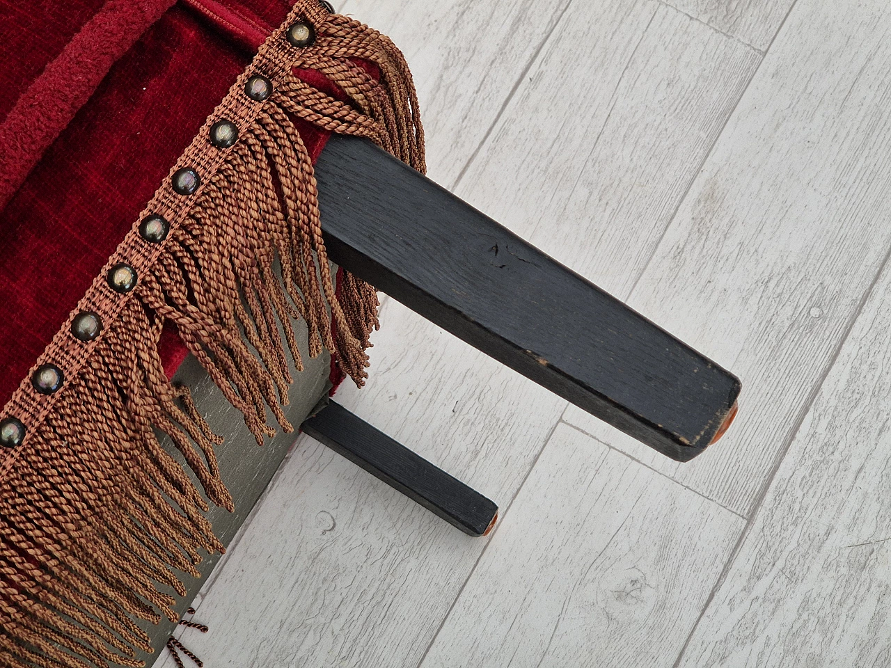 Danish oak and red velvet sofa with tassels, 1960s 16