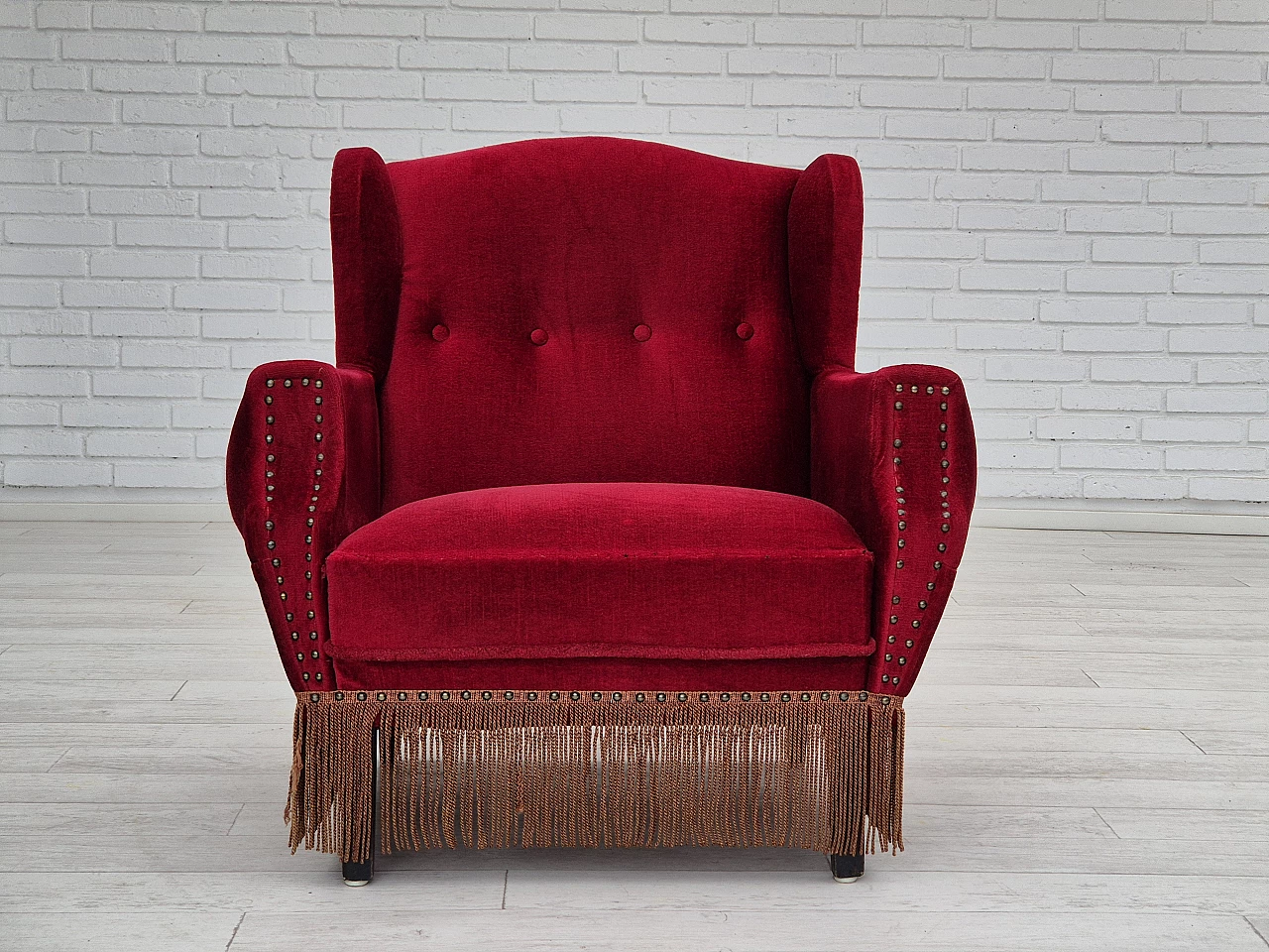 Danish oak and velvet armchair with tassels, 1960s 1