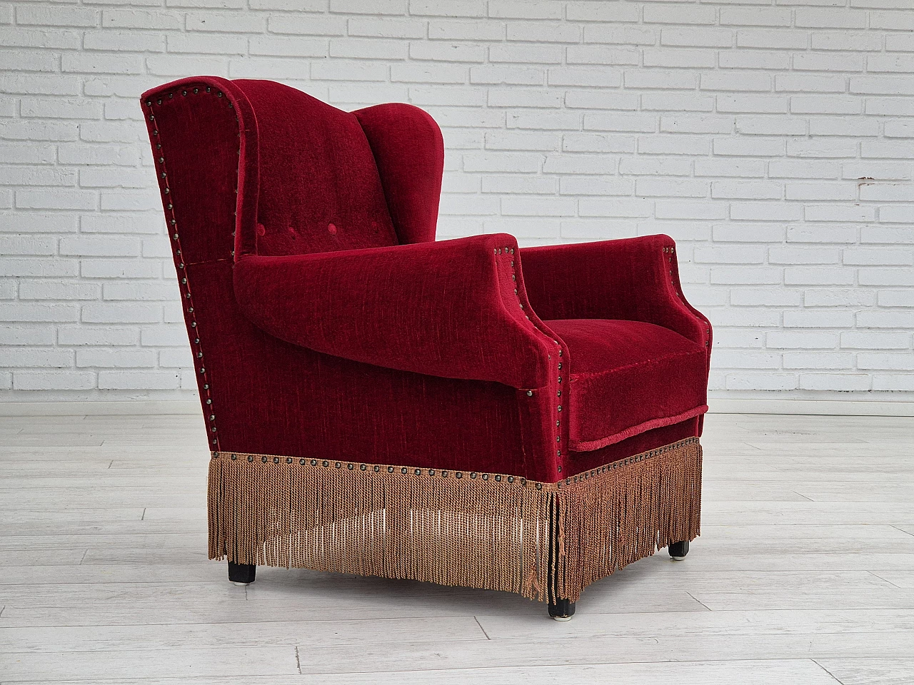 Danish oak and velvet armchair with tassels, 1960s 2