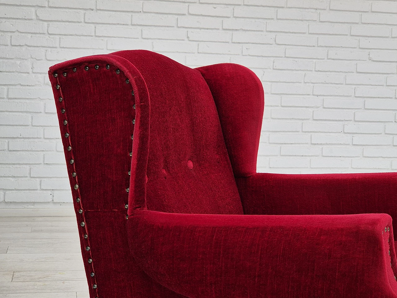 Danish oak and velvet armchair with tassels, 1960s 3