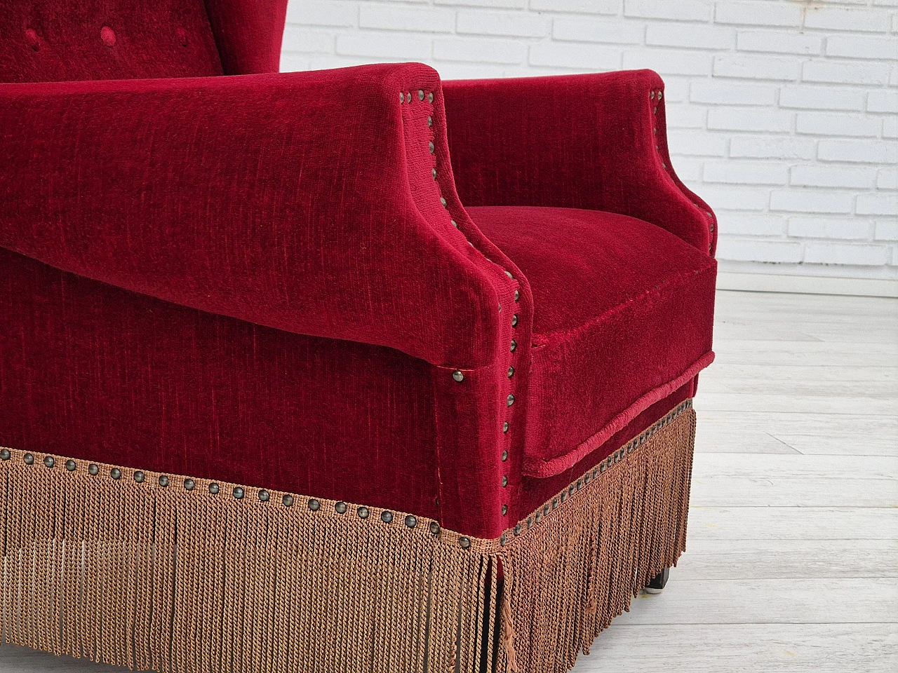 Danish oak and velvet armchair with tassels, 1960s 4