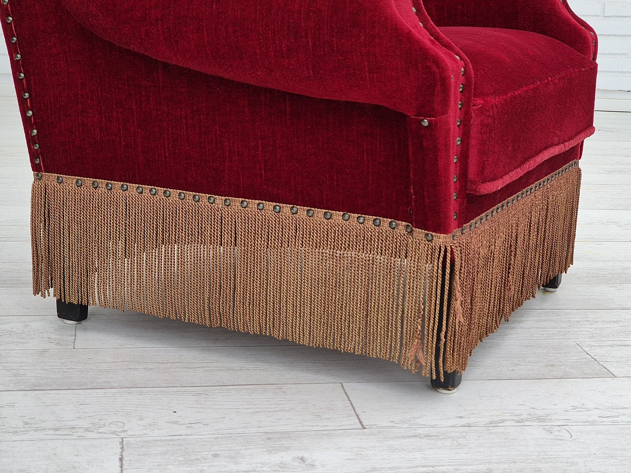 Danish oak and velvet armchair with tassels, 1960s 5