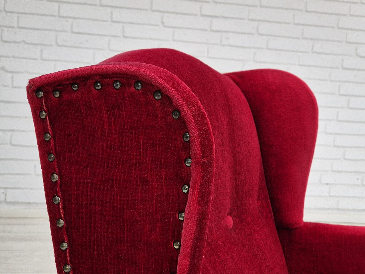 Danish oak and velvet armchair with tassels, 1960s 6