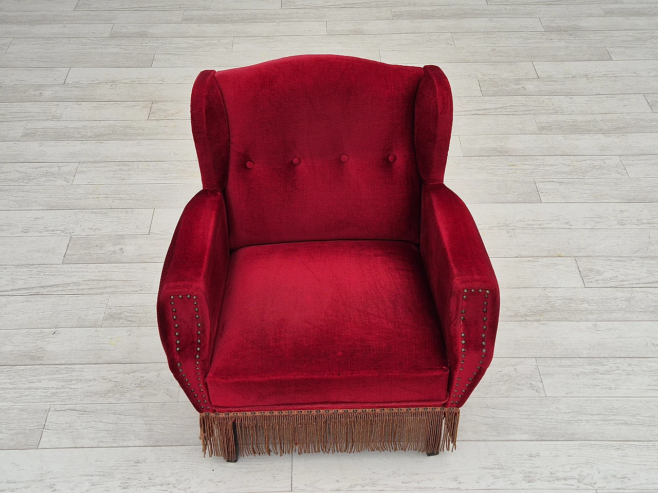 Danish oak and velvet armchair with tassels, 1960s 7
