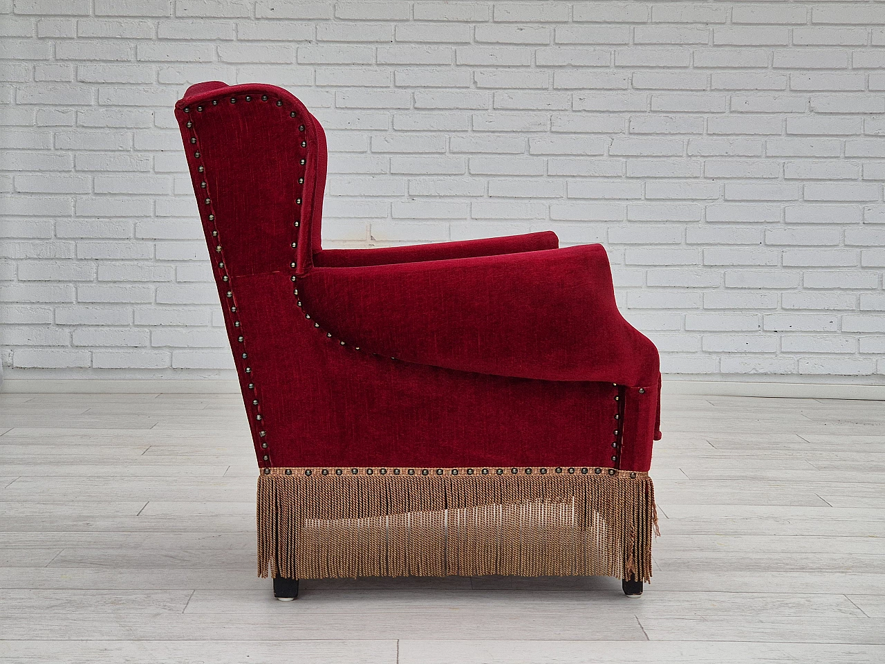 Danish oak and velvet armchair with tassels, 1960s 8