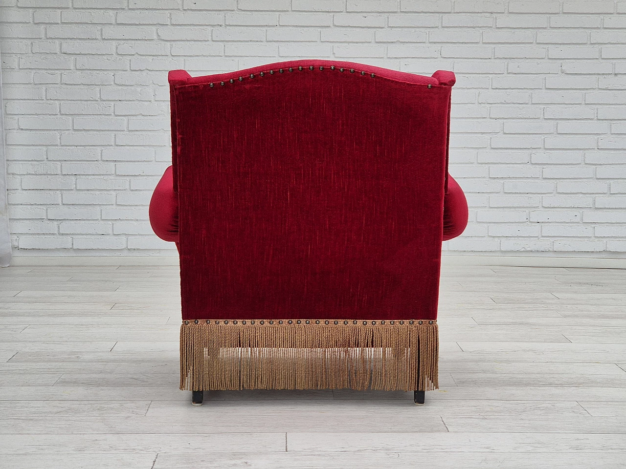 Danish oak and velvet armchair with tassels, 1960s 9