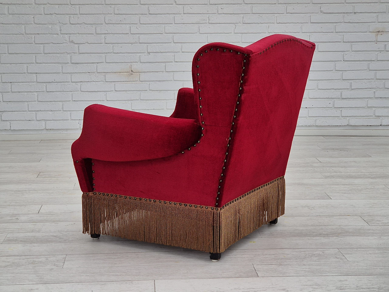 Danish oak and velvet armchair with tassels, 1960s 10
