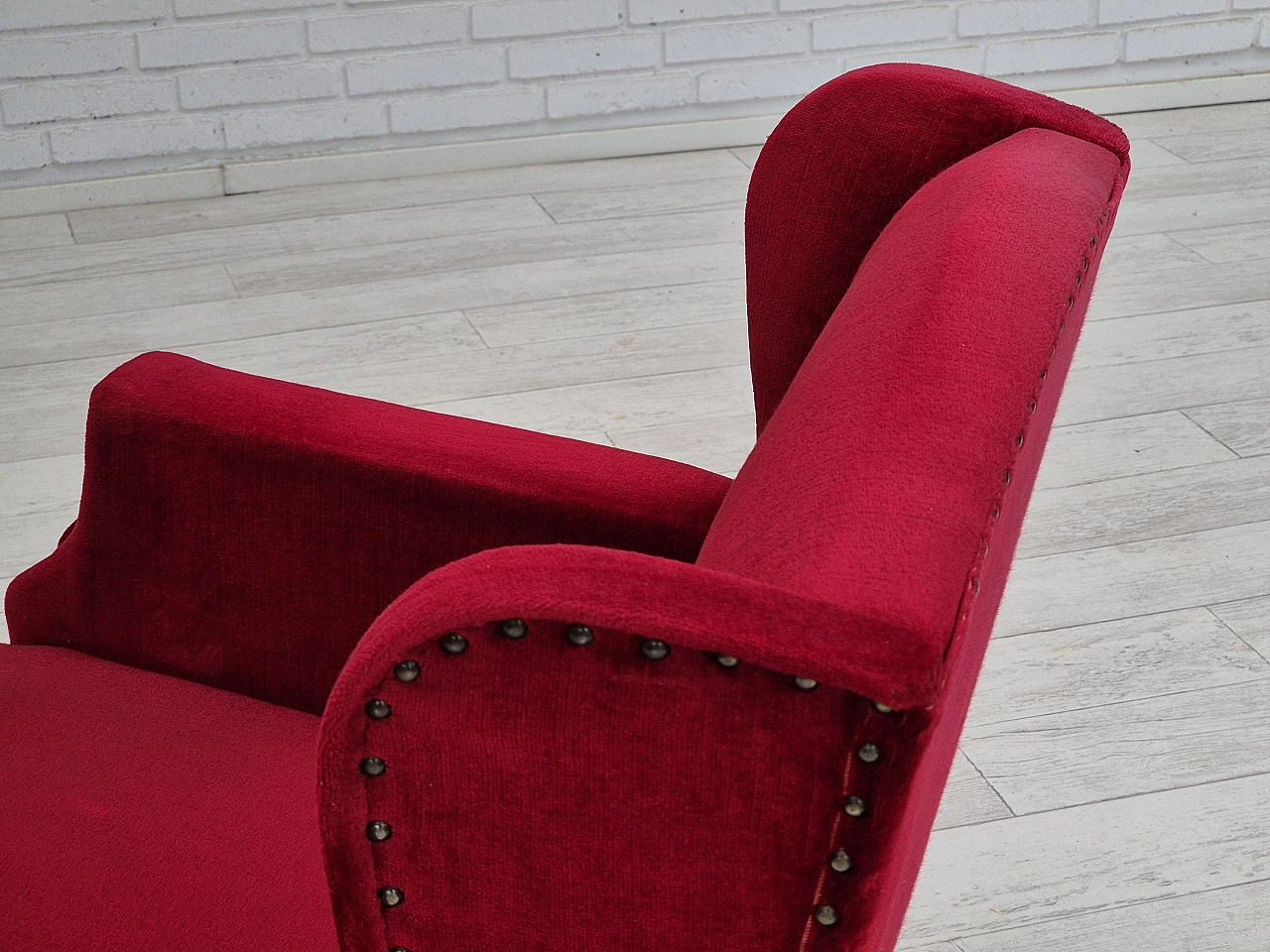 Danish oak and velvet armchair with tassels, 1960s 11