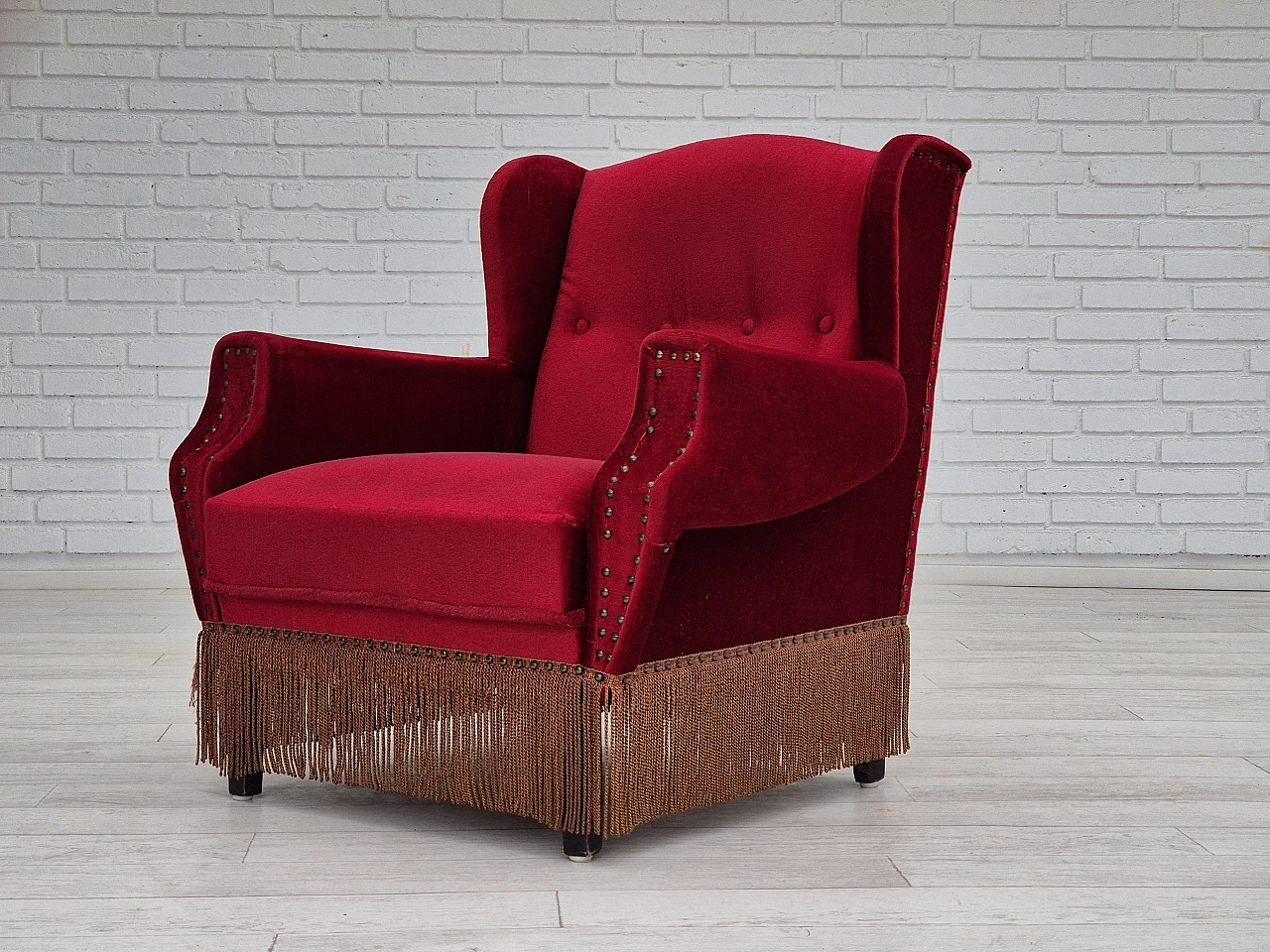 Danish oak and velvet armchair with tassels, 1960s 12