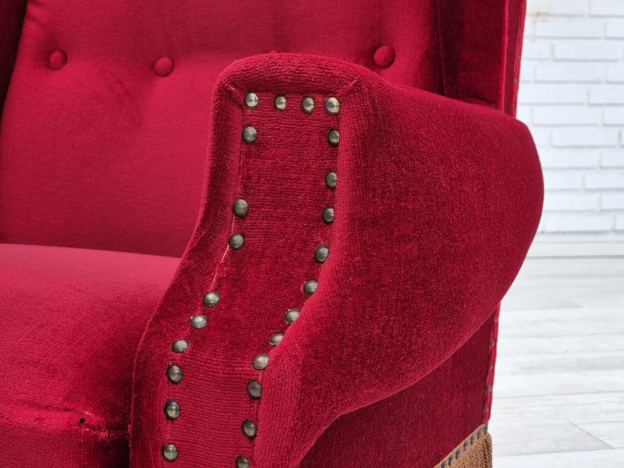 Danish oak and velvet armchair with tassels, 1960s 13