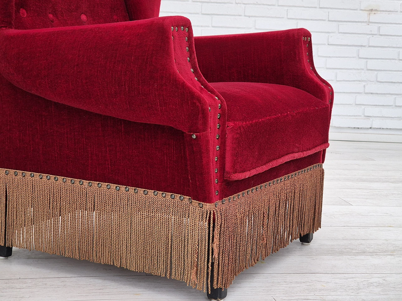 Danish oak and velvet armchair with tassels, 1960s 14