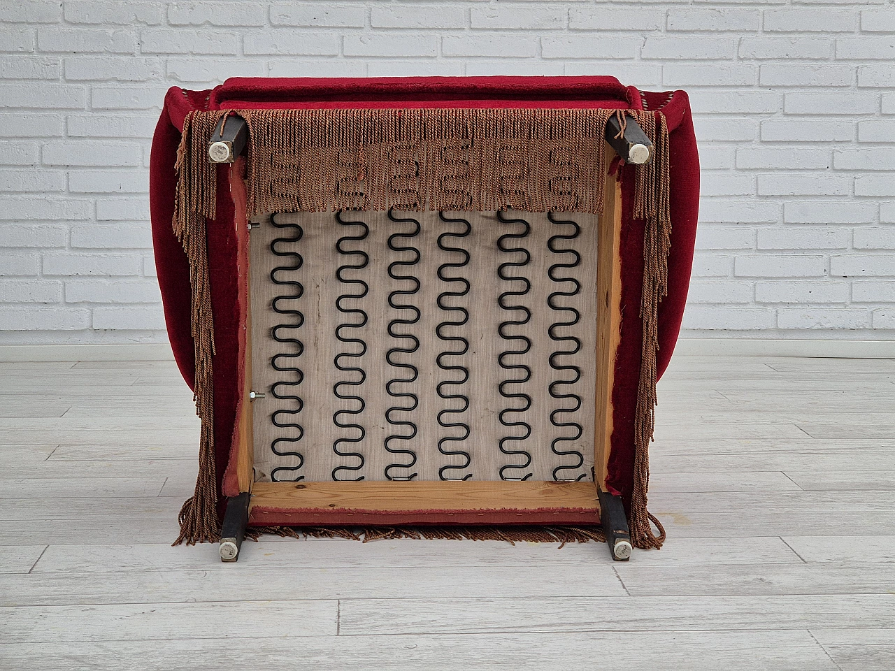 Danish oak and velvet armchair with tassels, 1960s 15