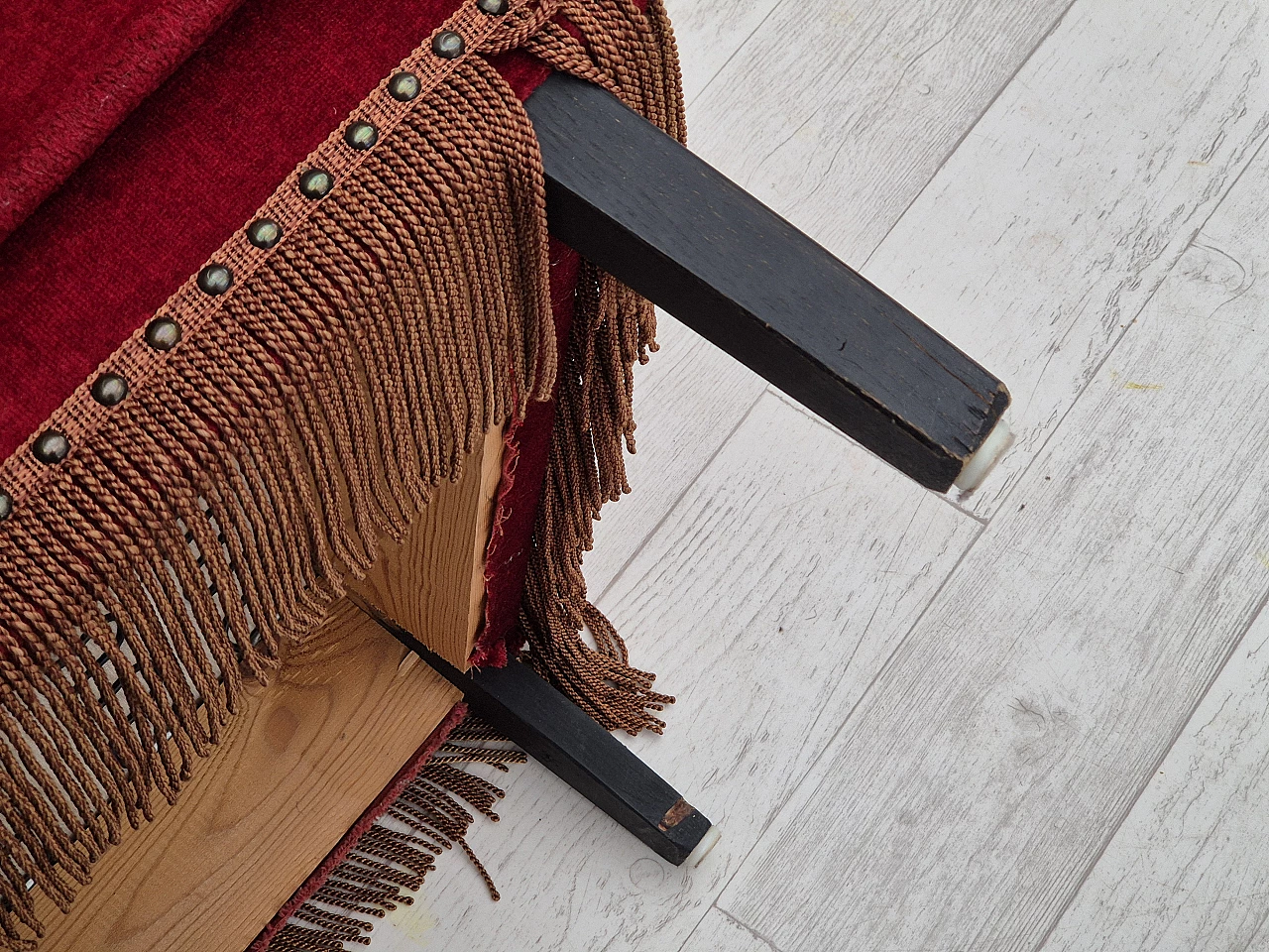 Danish oak and velvet armchair with tassels, 1960s 16