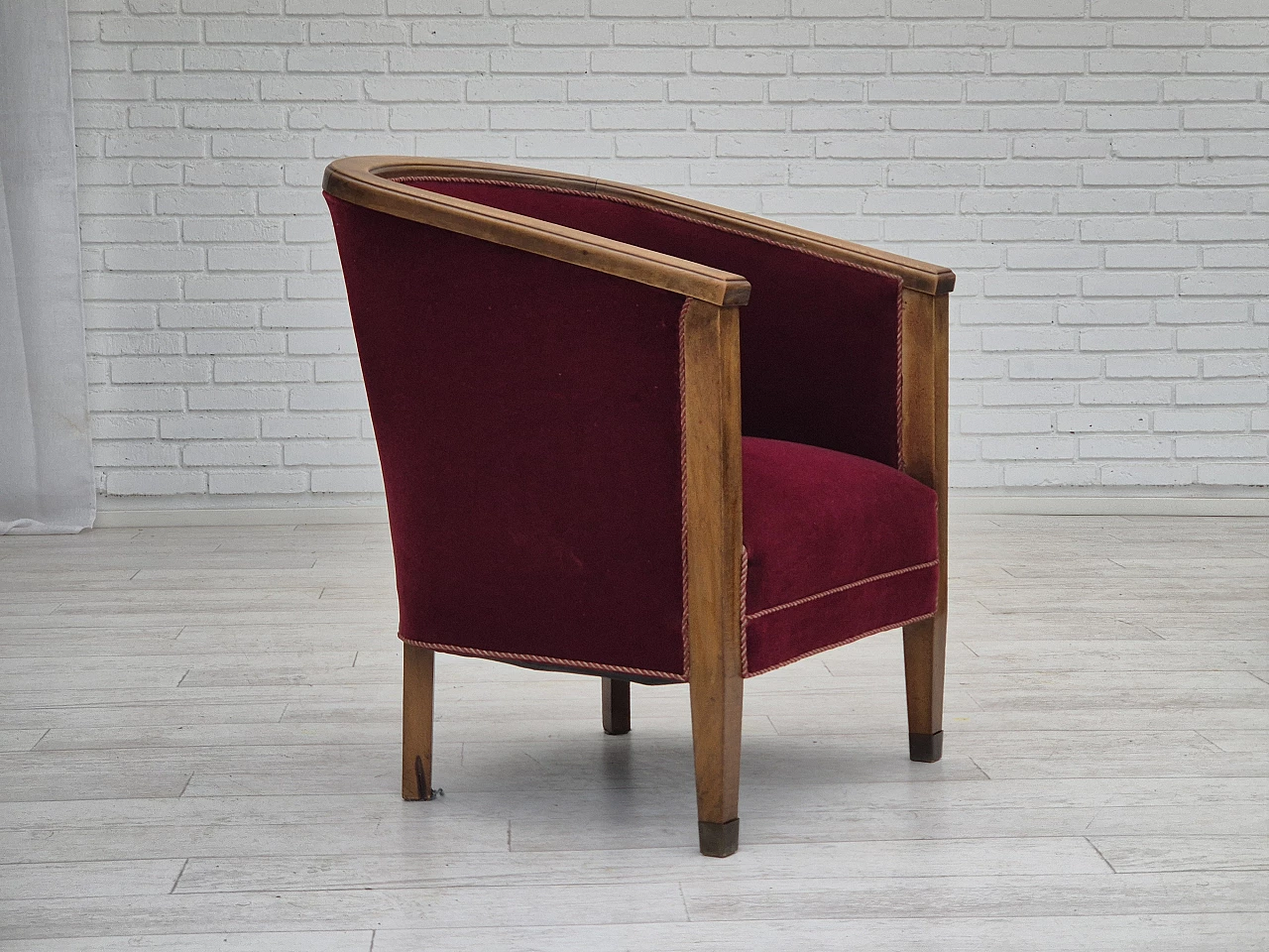 Danish beech and red velvet armchair, 1950s 1