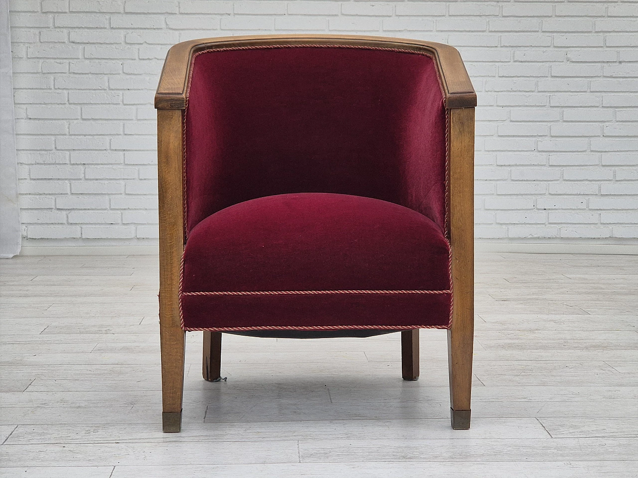 Danish beech and red velvet armchair, 1950s 2