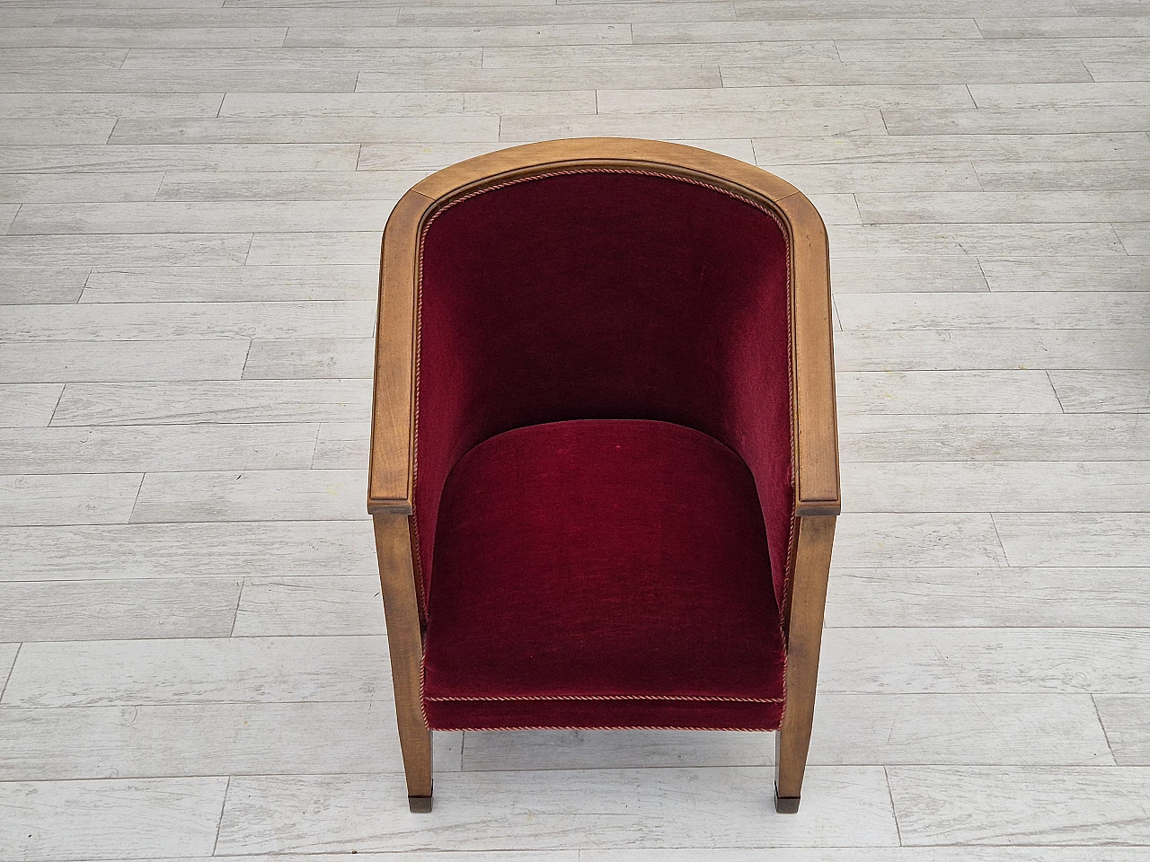 Danish beech and red velvet armchair, 1950s 3