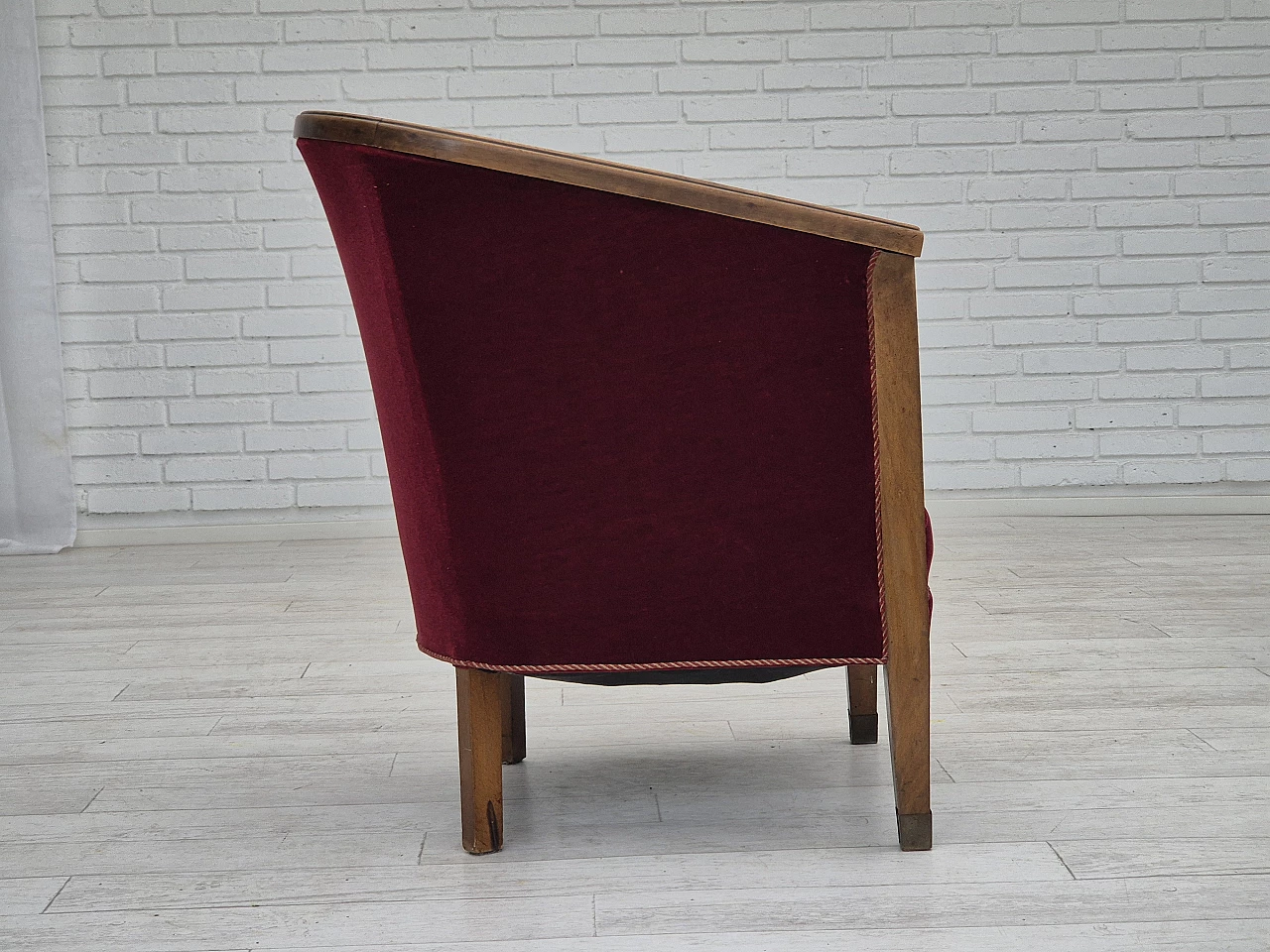 Danish beech and red velvet armchair, 1950s 4